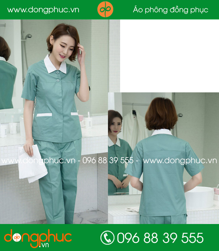 Đồng phục vệ sinh màu xanh đậm cổ trắng